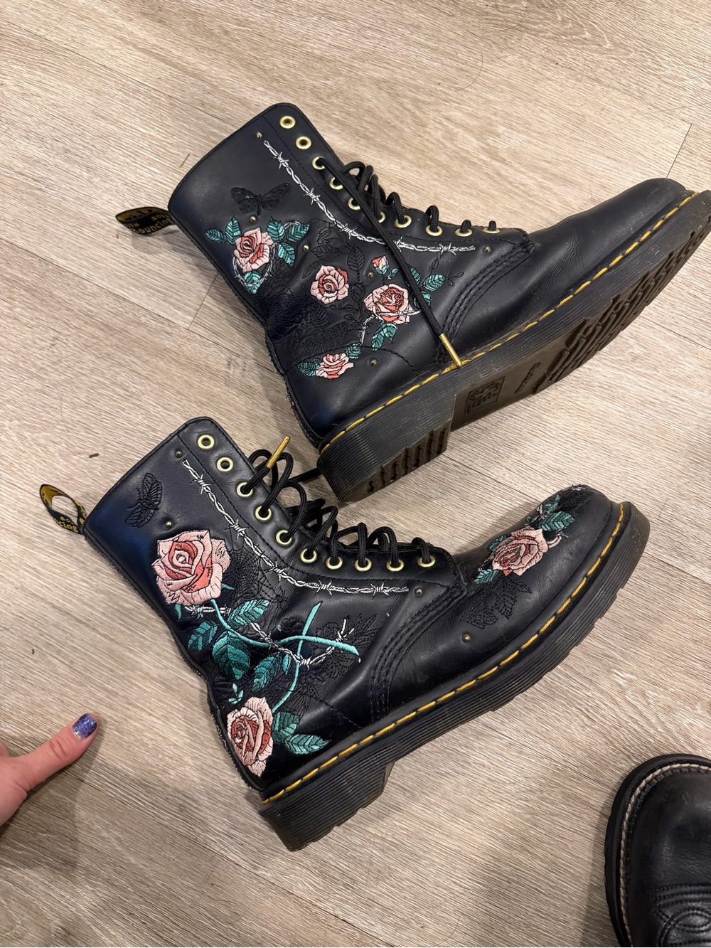 Dr. Martens Black Leather Lace-Up Boots with Pink Rose Embroidery